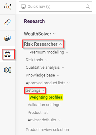 Risk Researcher Weighting Profiles Settings